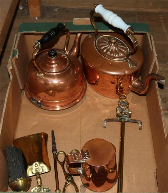 2 copper kettles, small jug and brass fire irons